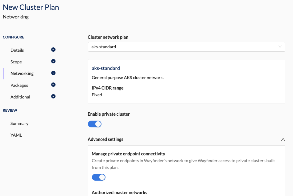 Create Cluster Plan - Networking Section