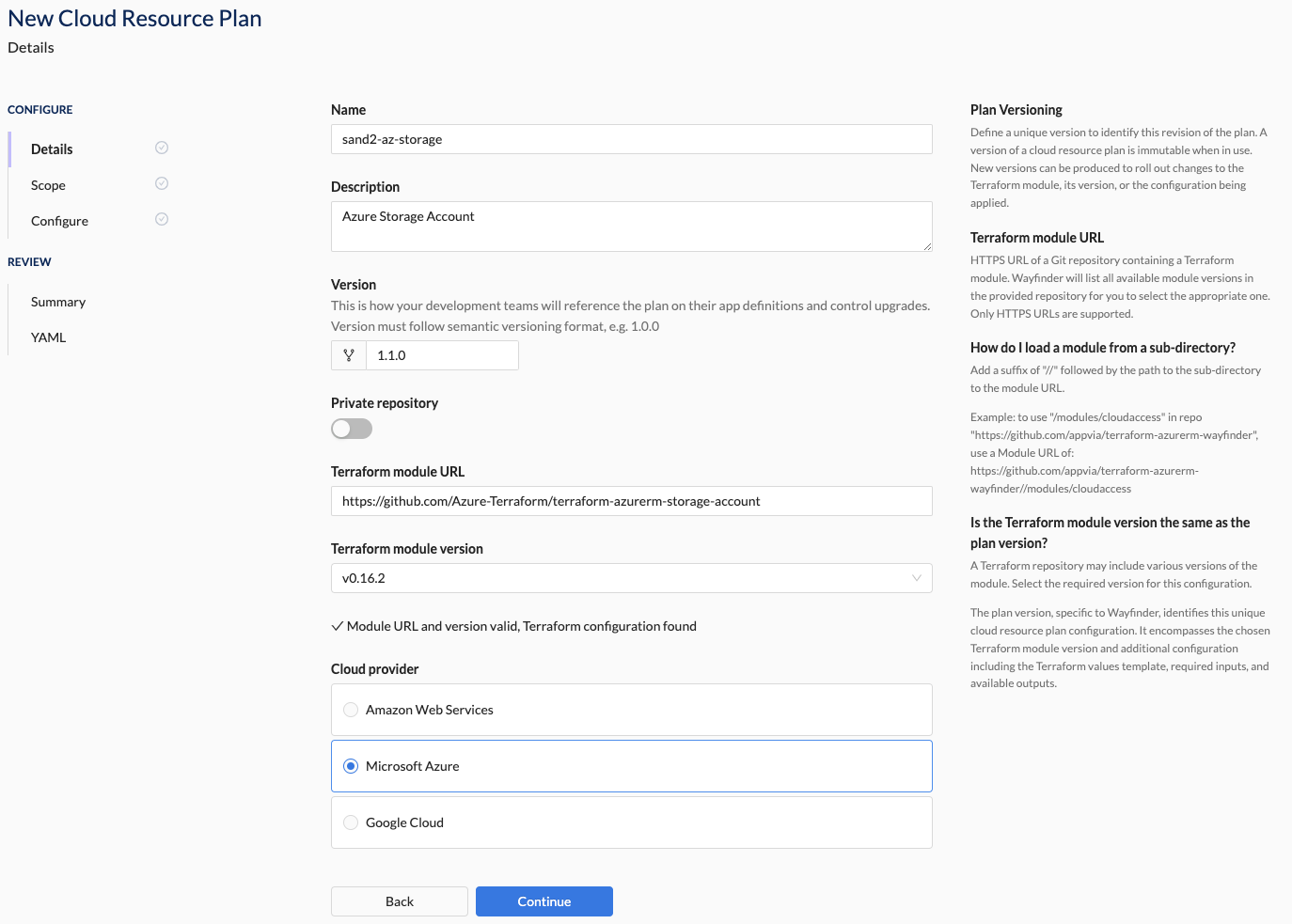 Create Cloud Resource Plan - Details Section