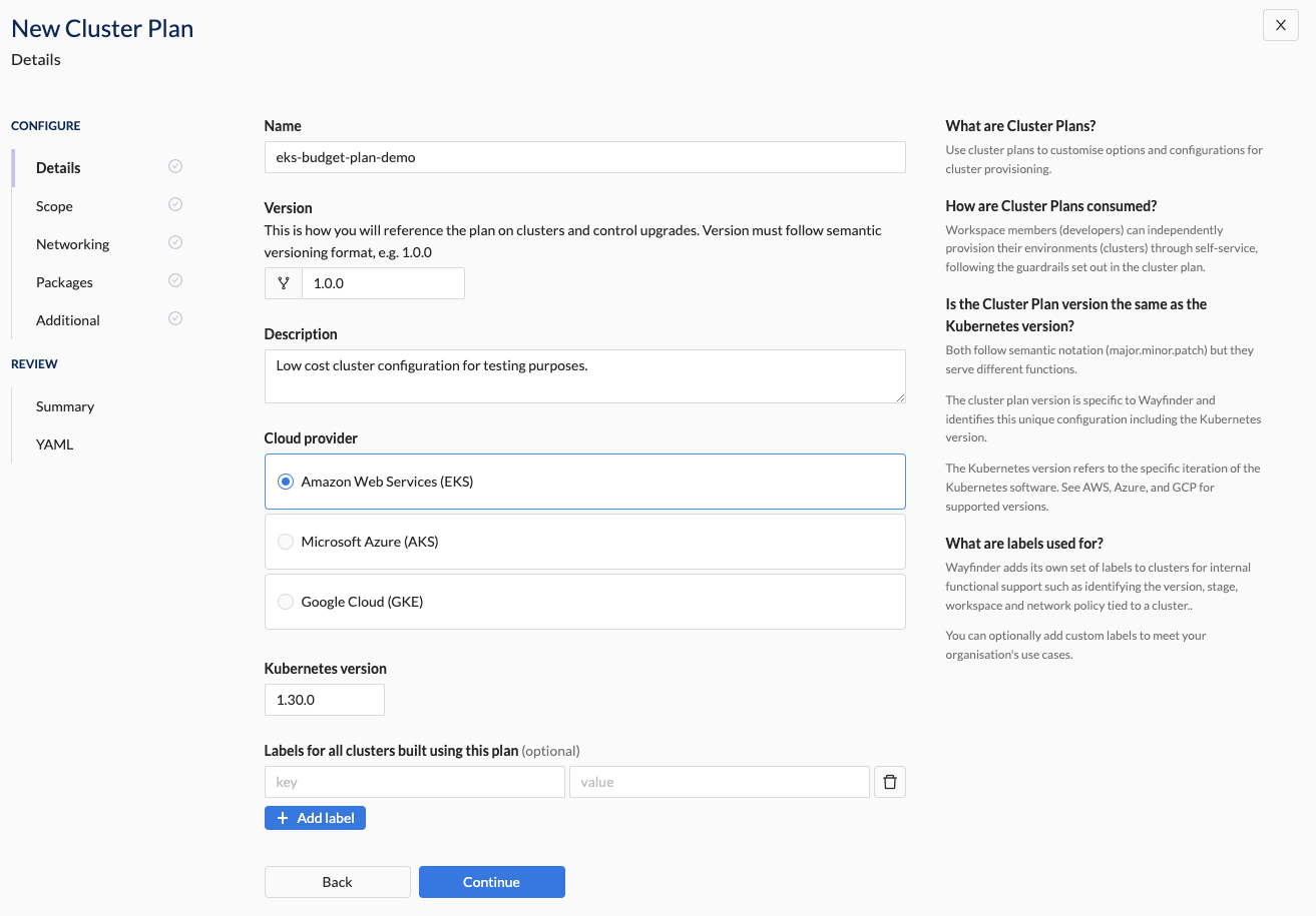 Create Cluster Plan - Details Section