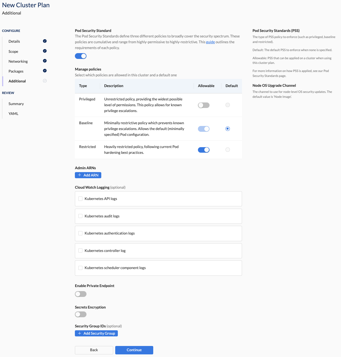 Create Cluster Plan - Additional AWS Settings Section