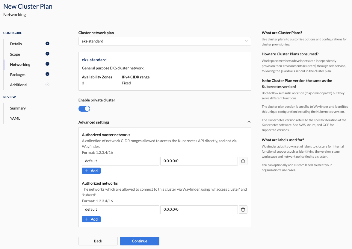 Create Cluster Plan - AWS Cluster Network Section