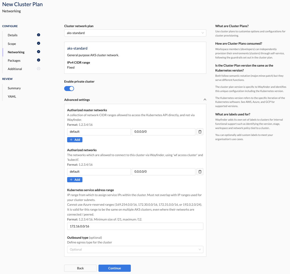 Create Cluster Plan - Azure Cluster Network Section