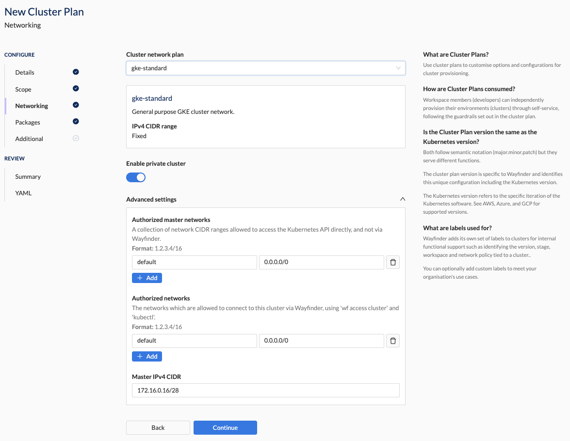 Create Cluster Plan - GCP Cluster Network Section