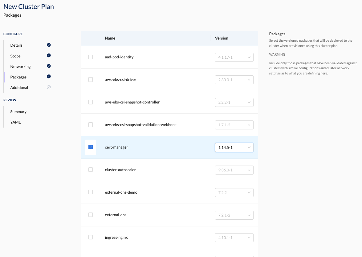 Create Cluster Plan - Packages Section