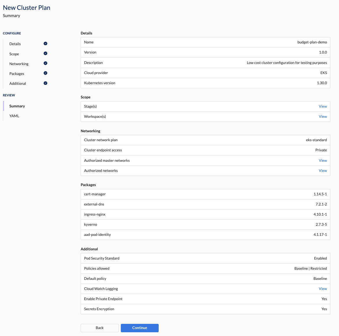 Cluster Plan Summary