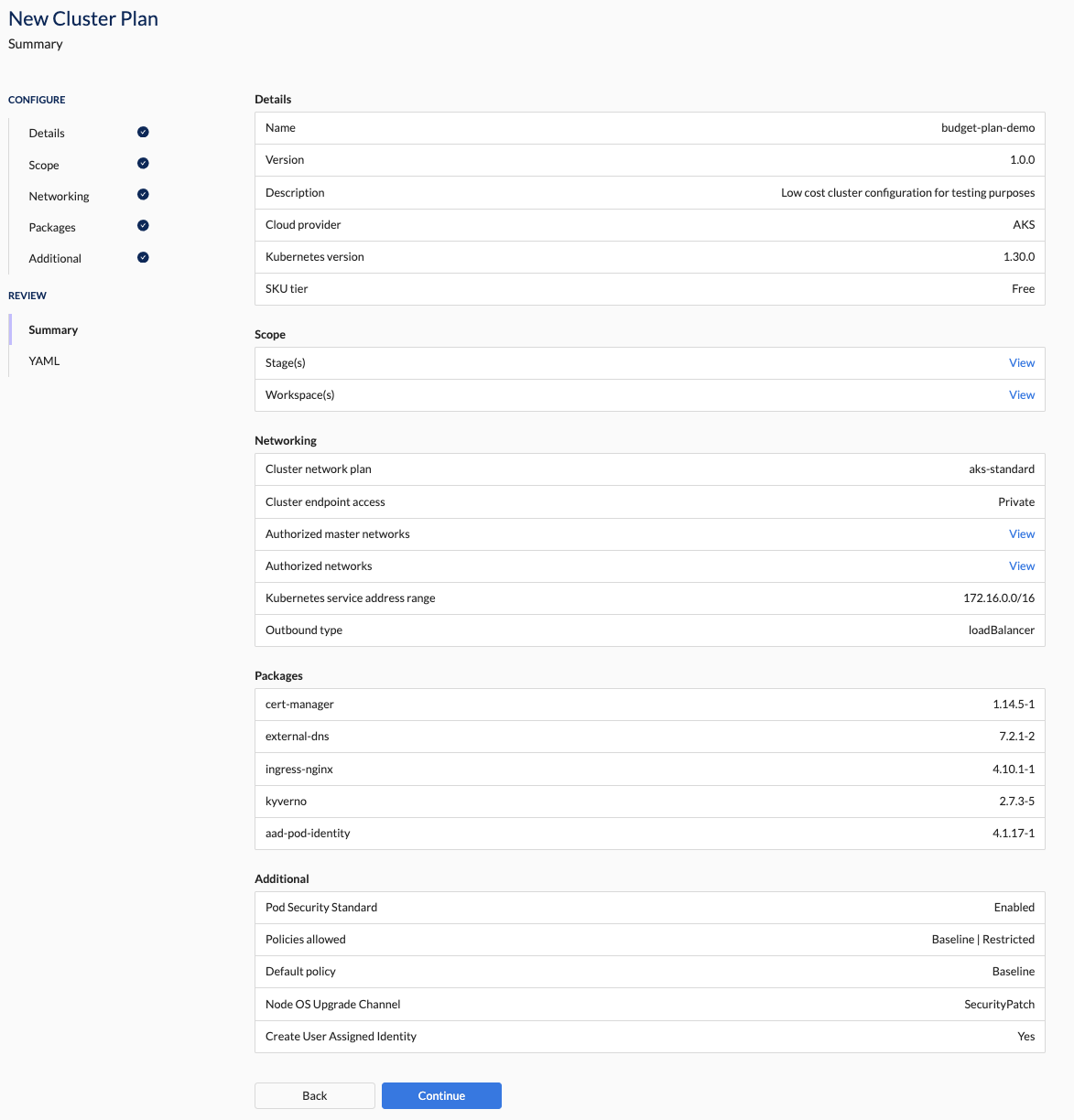 Cluster Plan Summary