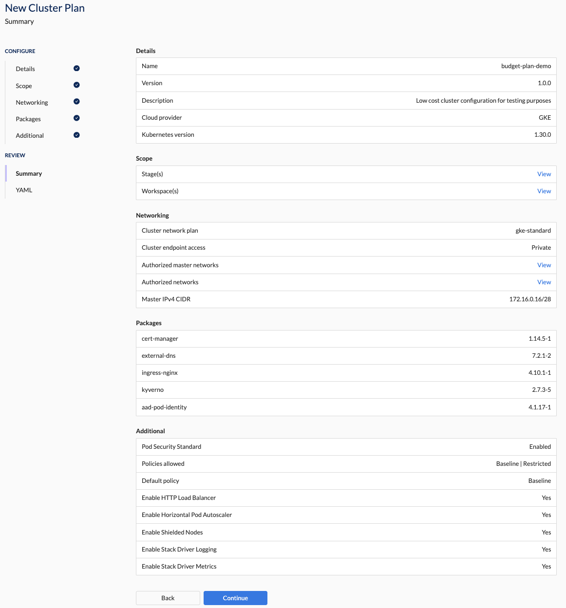 Cluster Plan Summary