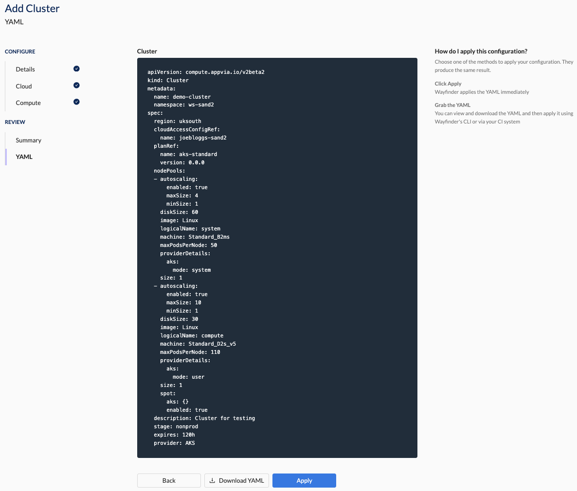 self-service cluster YAML