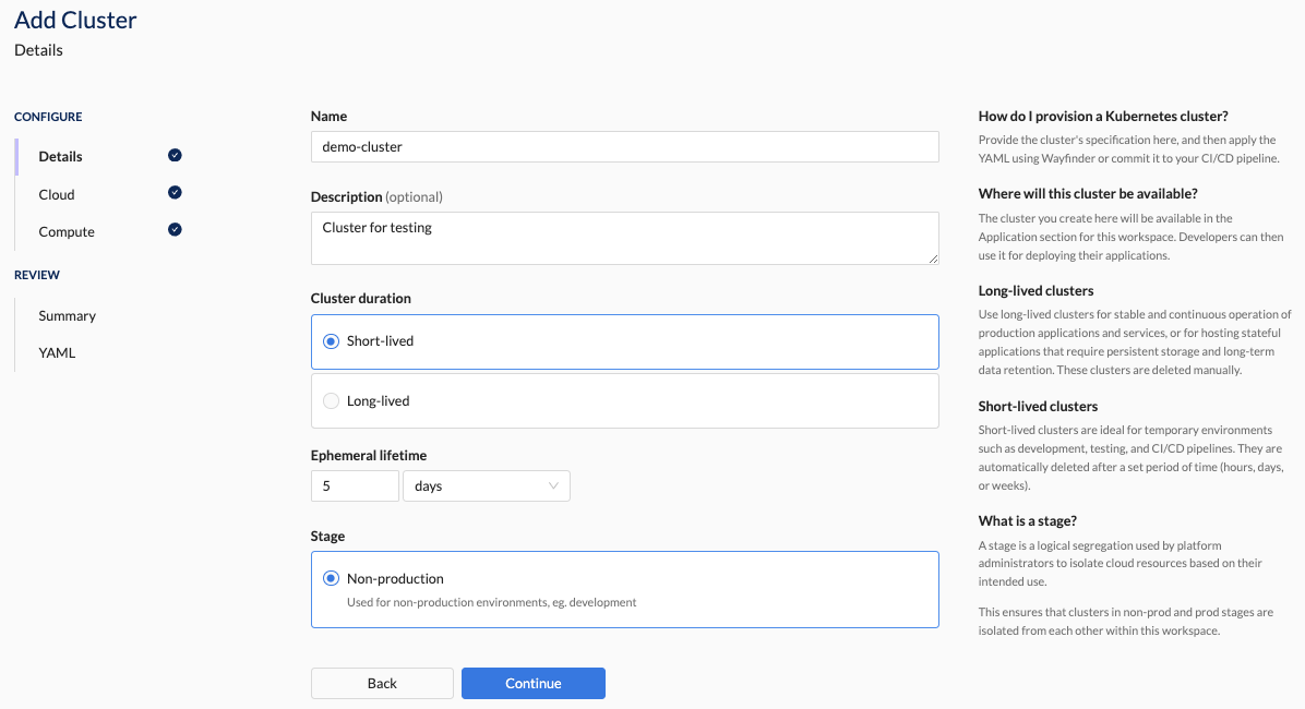 Create Self-Service Cluster - Details Section