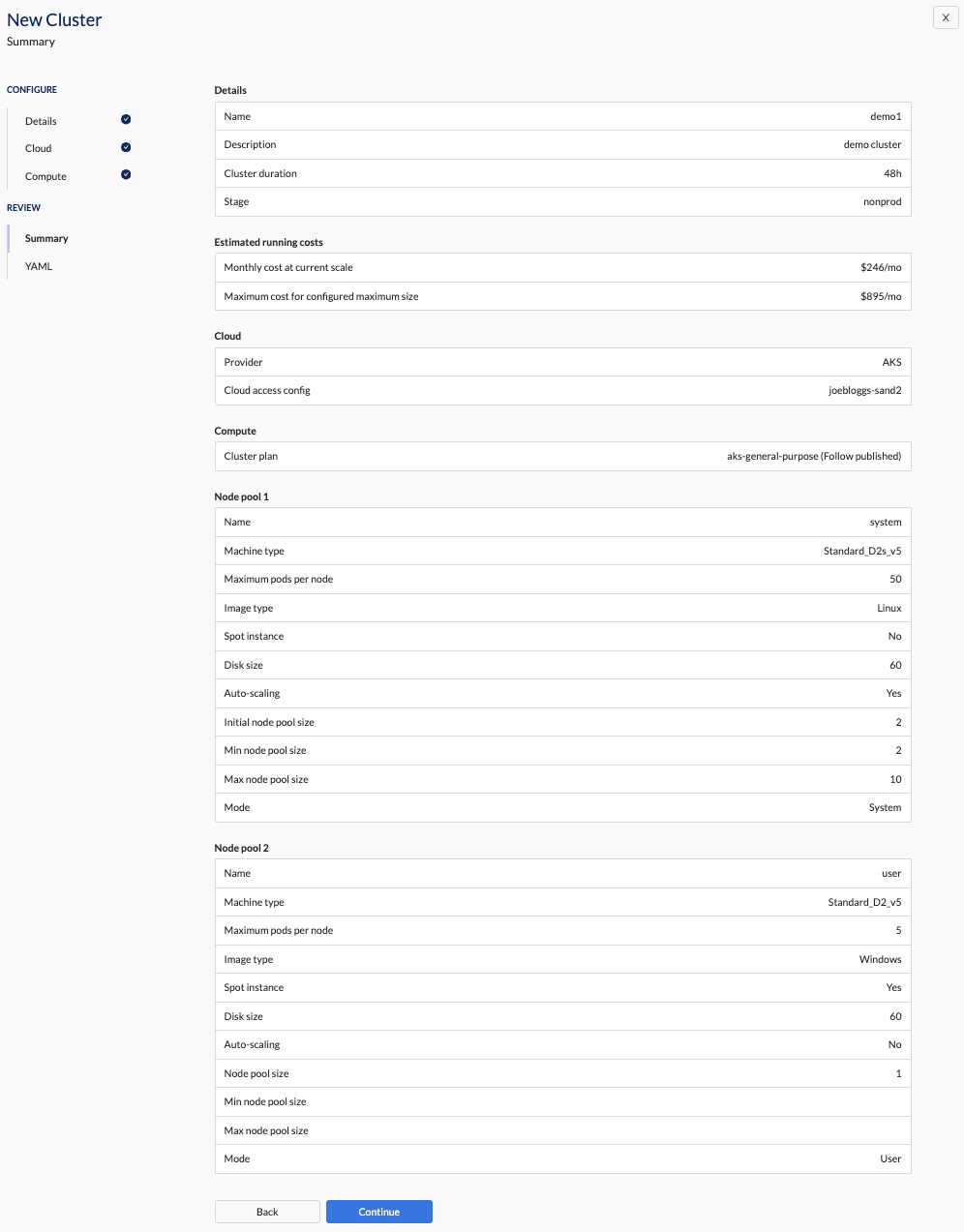 Self-Service cluster Summary