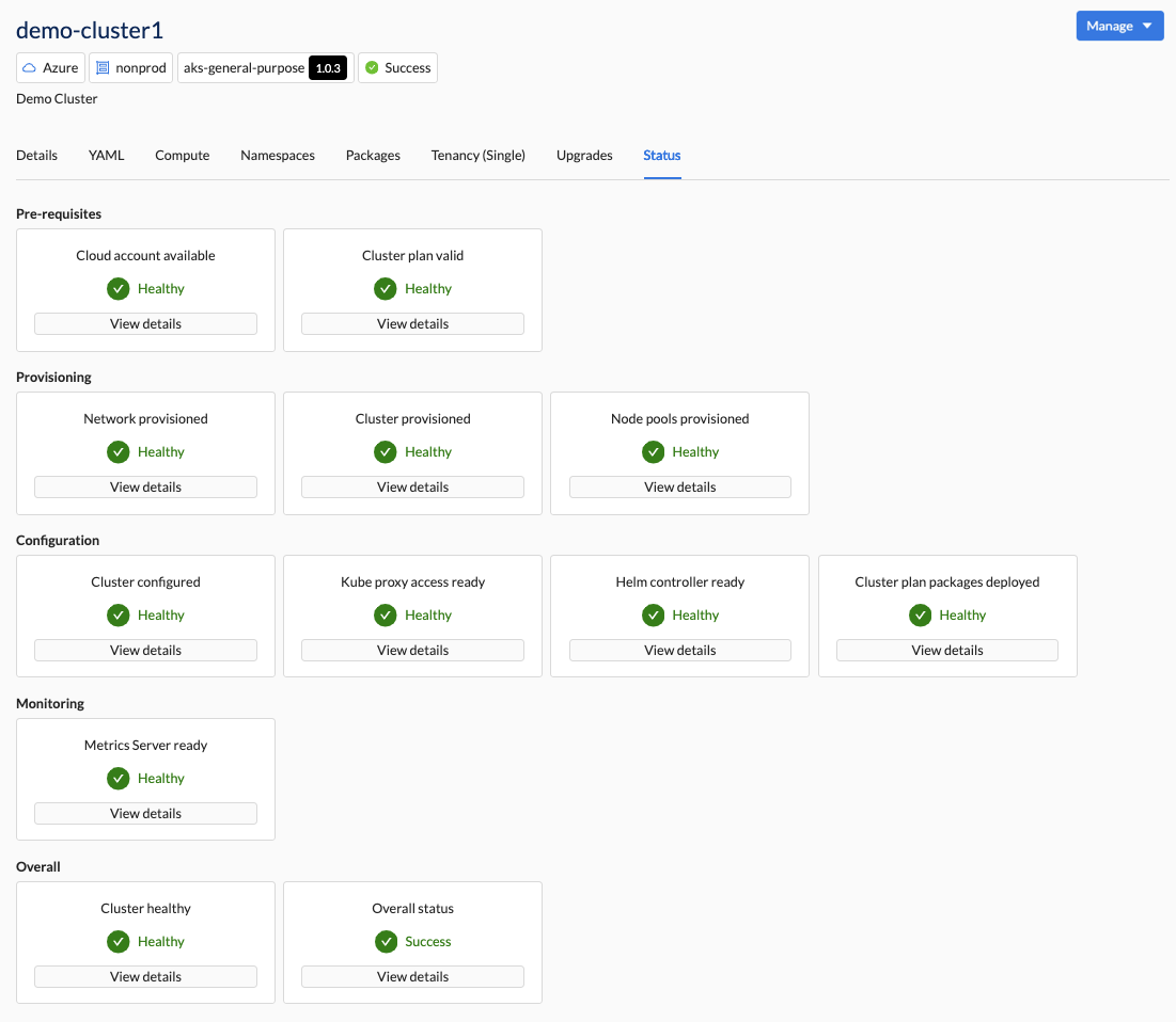 View self-service clusters Table