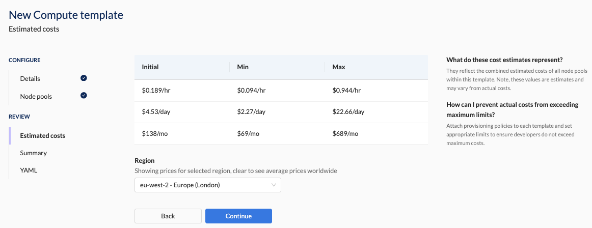 Compute Templates Estimated Costs