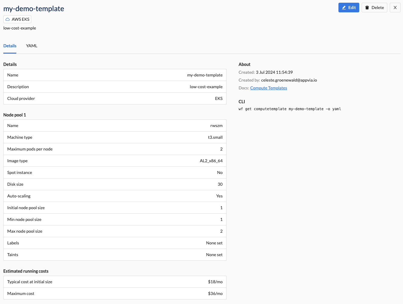 View all Details of a Compute Templates