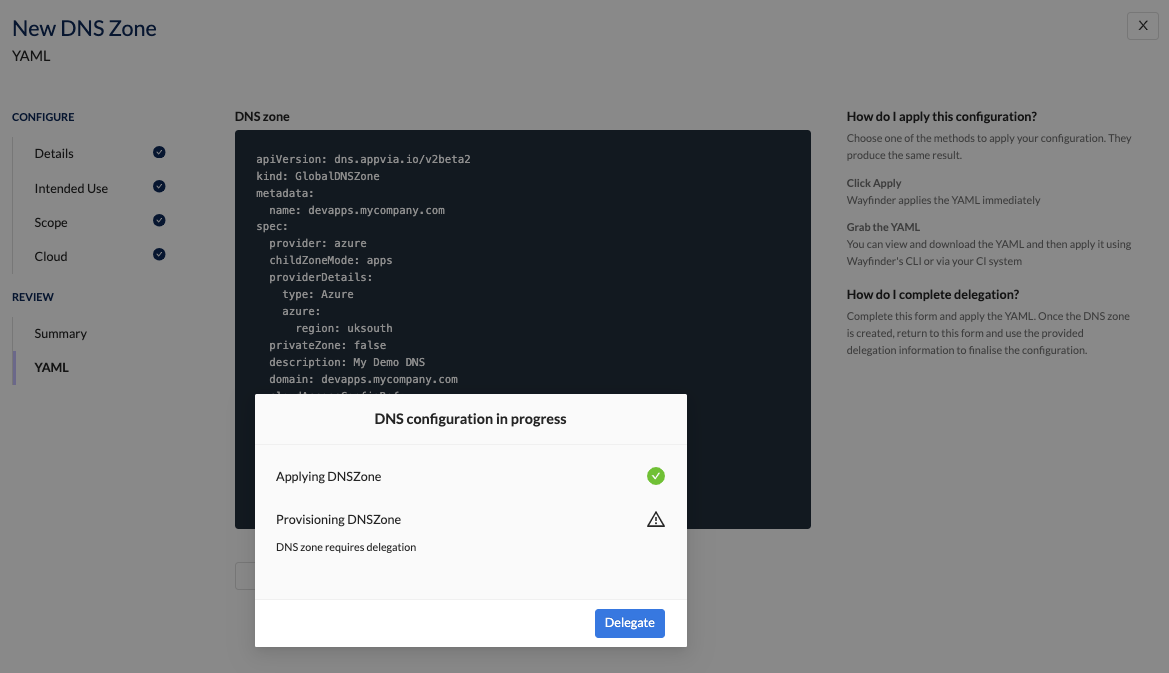 Create DNS Zone - Delegation Section