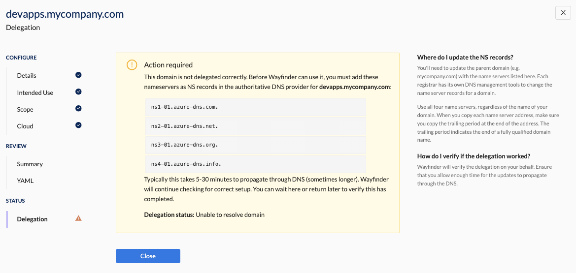 Create DNS Zone - Delegation Section - NS Records