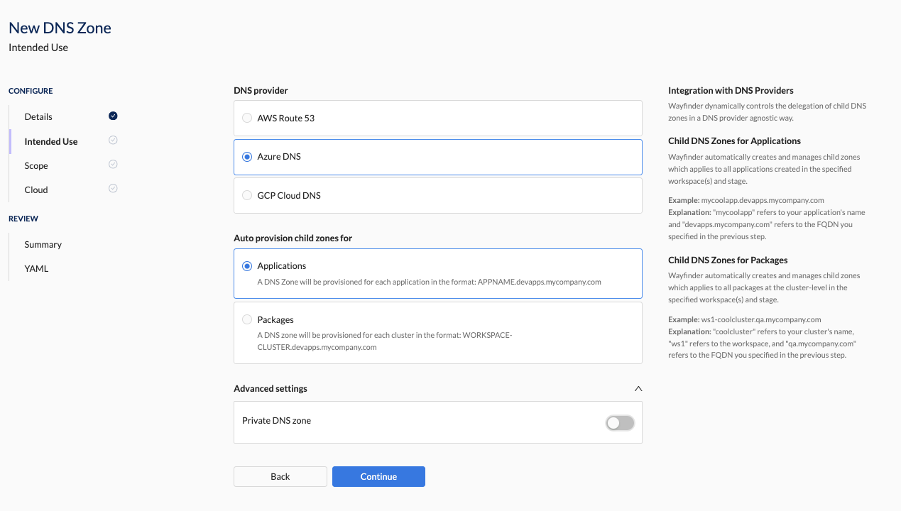 Create DNS Zone - Intended Use Section