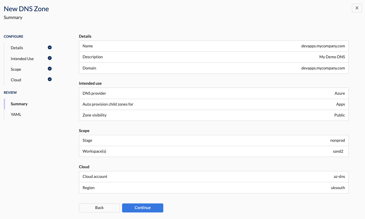 Create DNS Zone - Summary Section