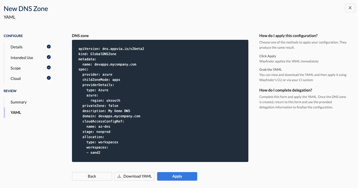 Create DNS Zone - YAML Section