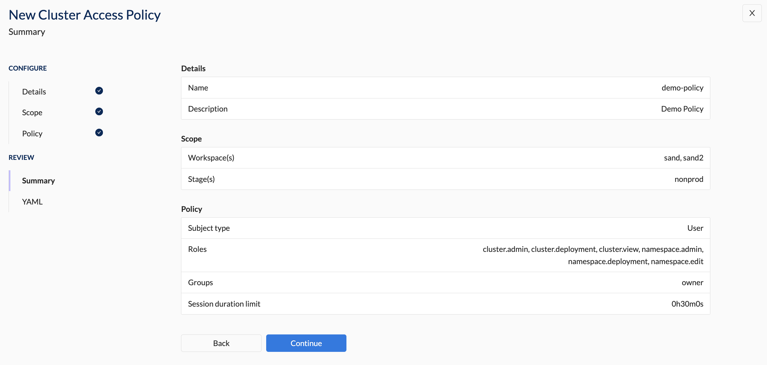 Create access policy - Summary Section