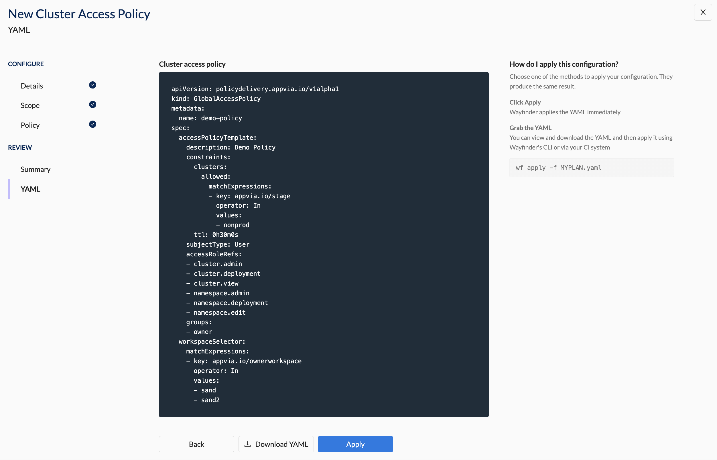 Create access policy - YAML Section