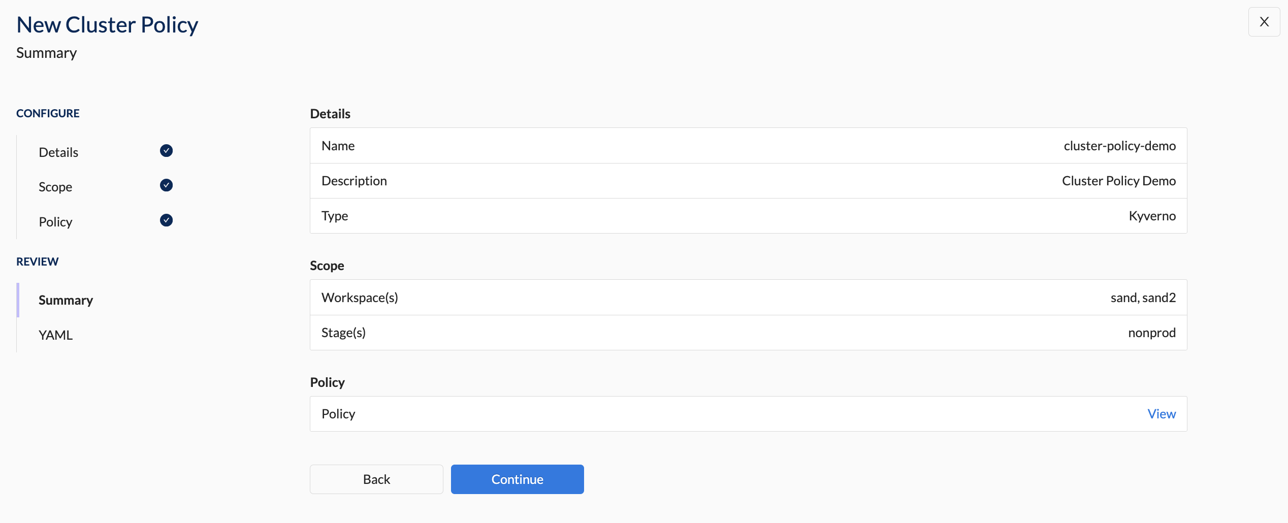 Create cluster policy - Summary Section