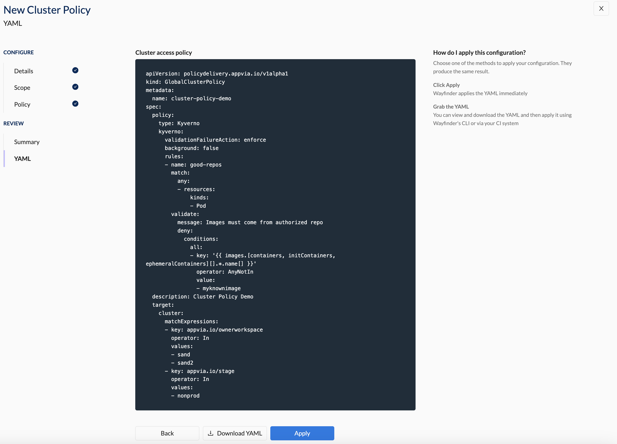 Create cluster policy - YAML Section