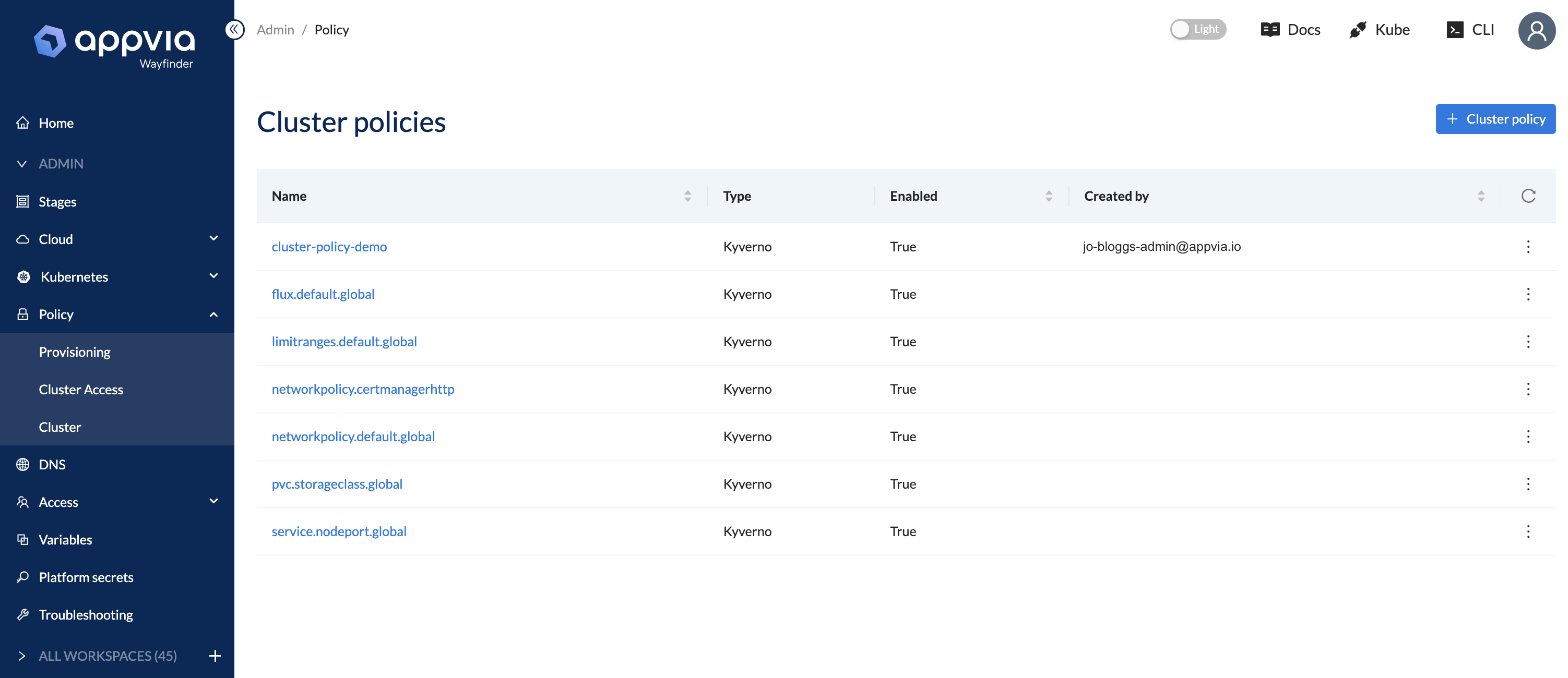 View Cluster Policy Table