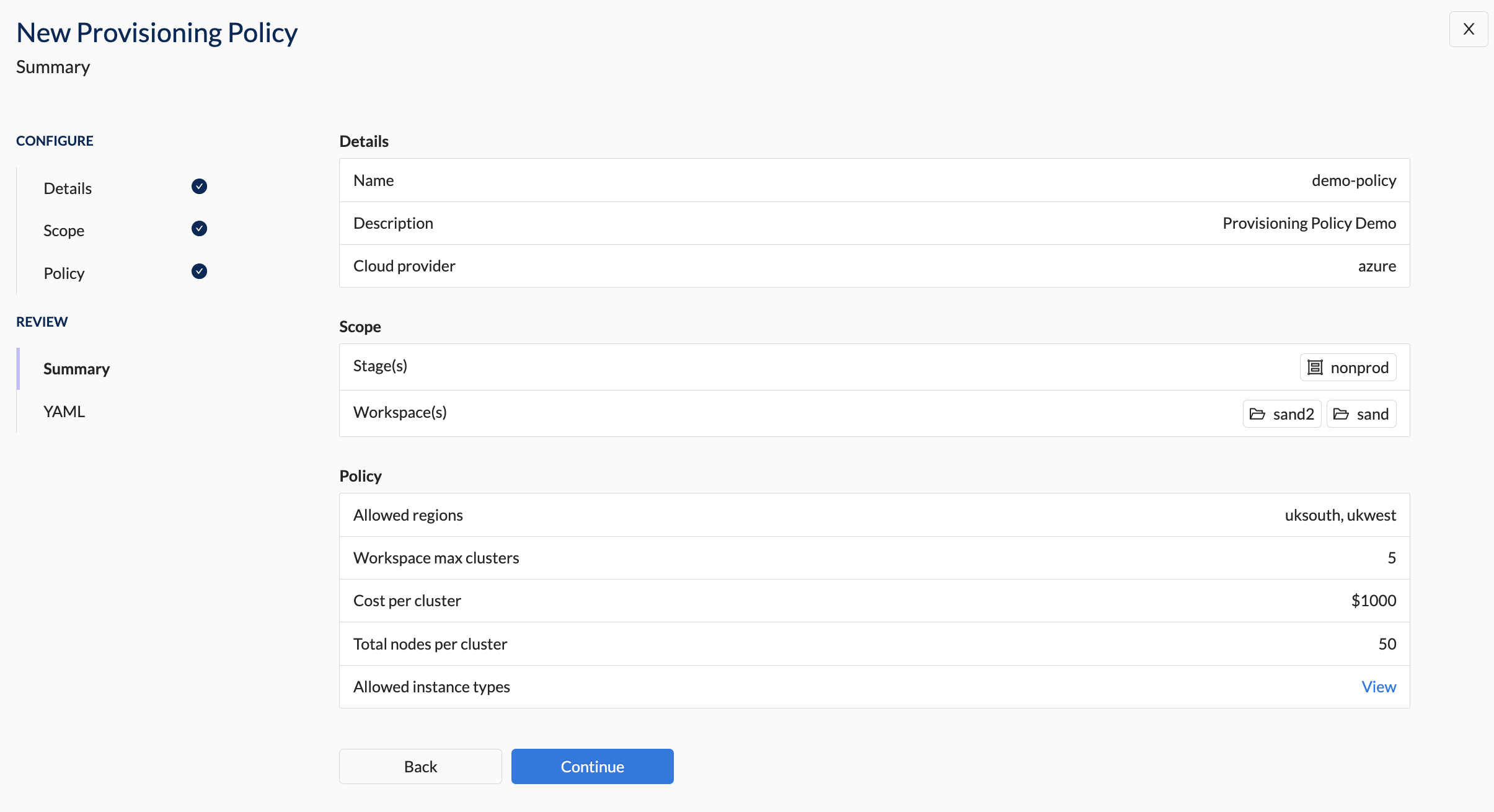 Create provisioning policy - Summary Section