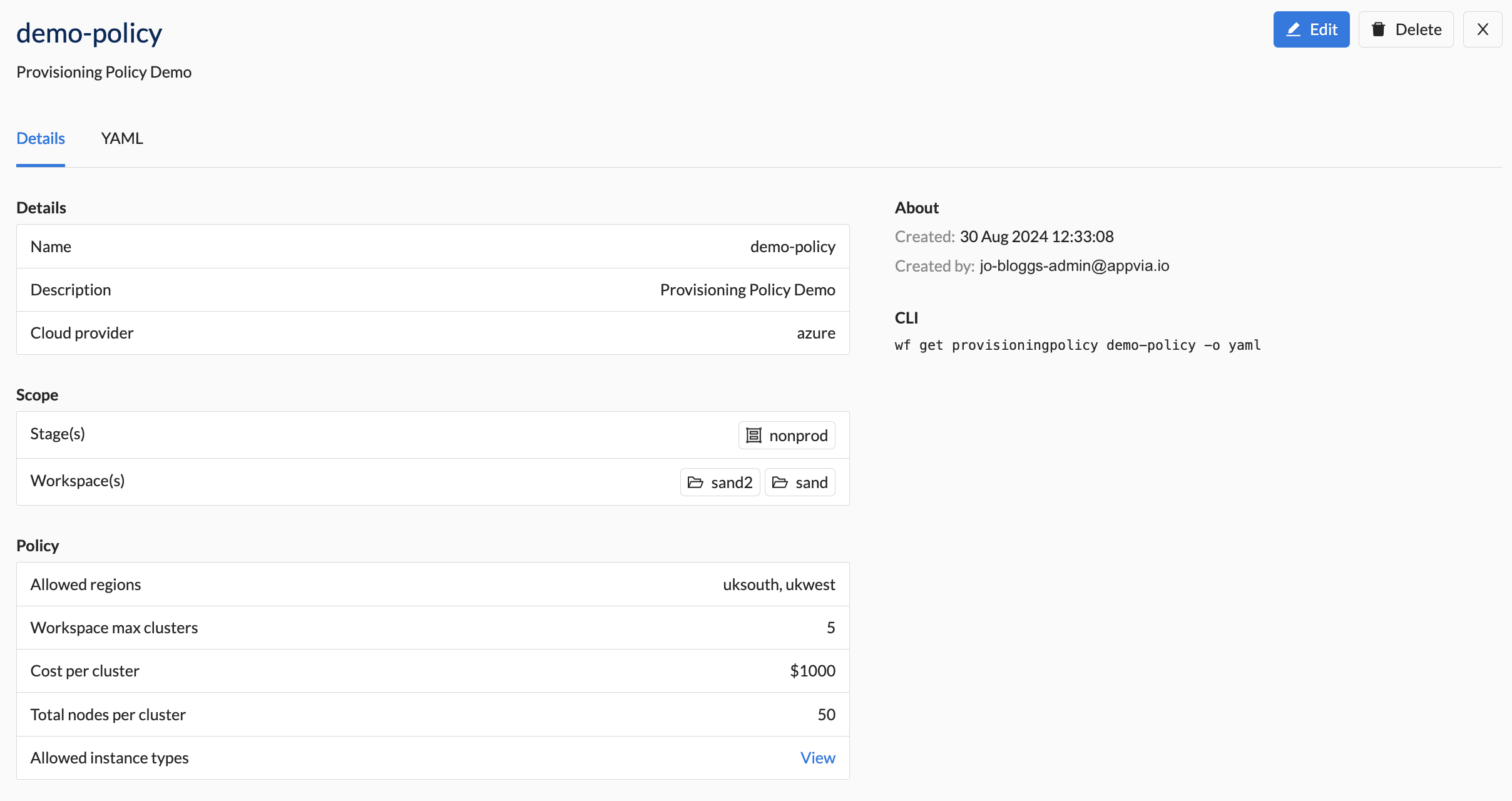 View Provisioning Policy Details