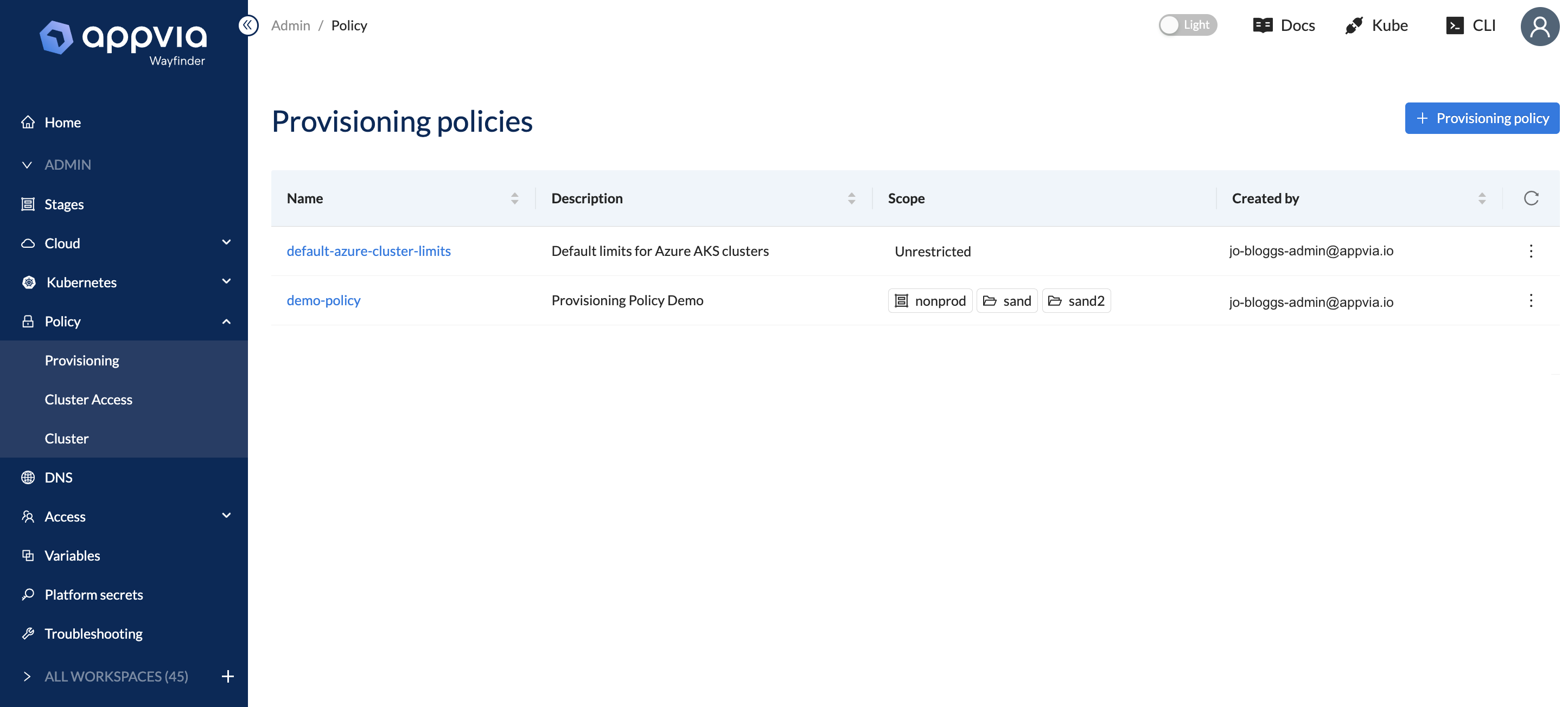 View Provisioning Policy Table