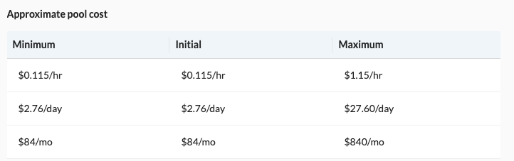 Estimated costs - Node Pools